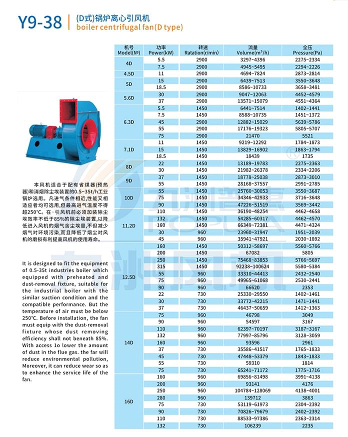 九洲Y9-38(D式)鍋爐離心引風機參數(shù)