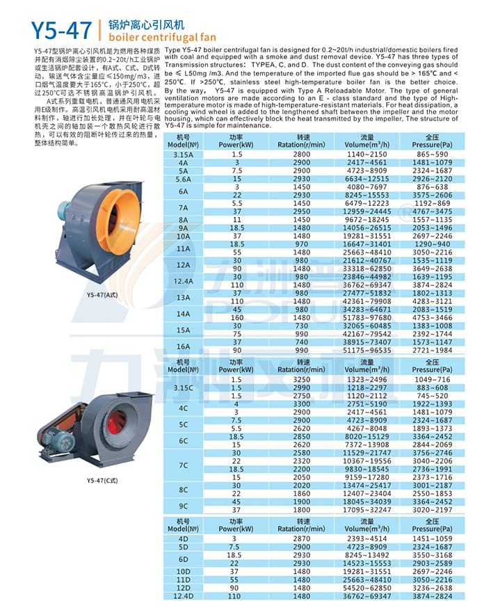 九洲Y5-47鍋爐離心引風(fēng)機(jī)參數(shù)